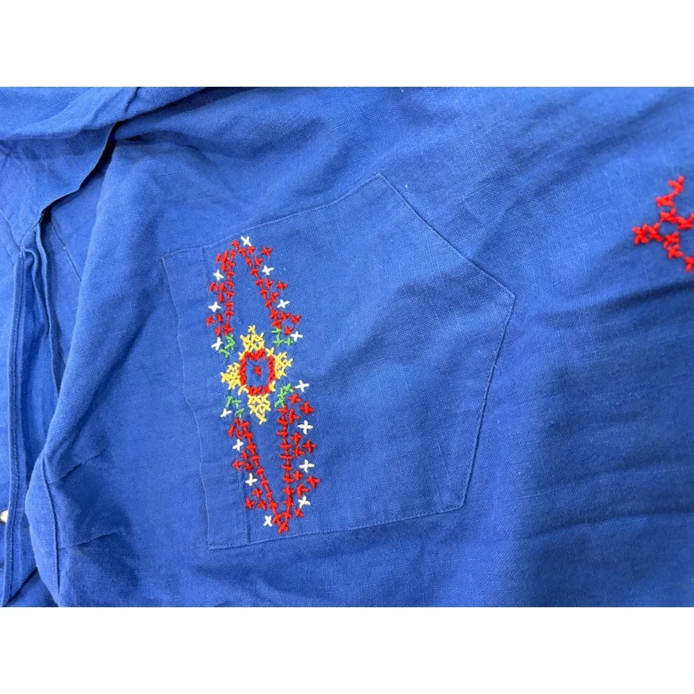 Vintage Blue Embroidered Apron Folk Art Cross Stitch Cotton Pocket Cottagecore